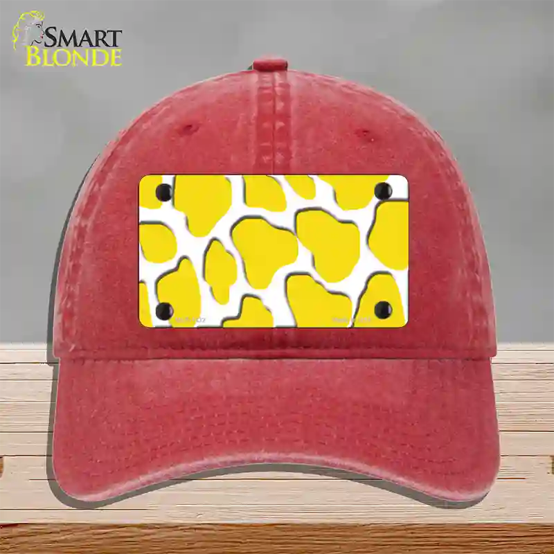 Yellow White Giraffe Novelty License Plate Hat Unconstructed Cotton / Red