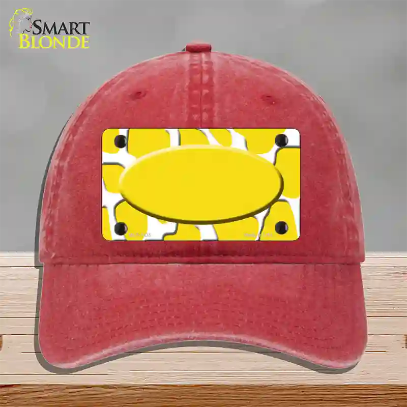 Yellow White Giraffe Yellow Center Oval Novelty License Plate Hat Unconstructed Cotton / Red