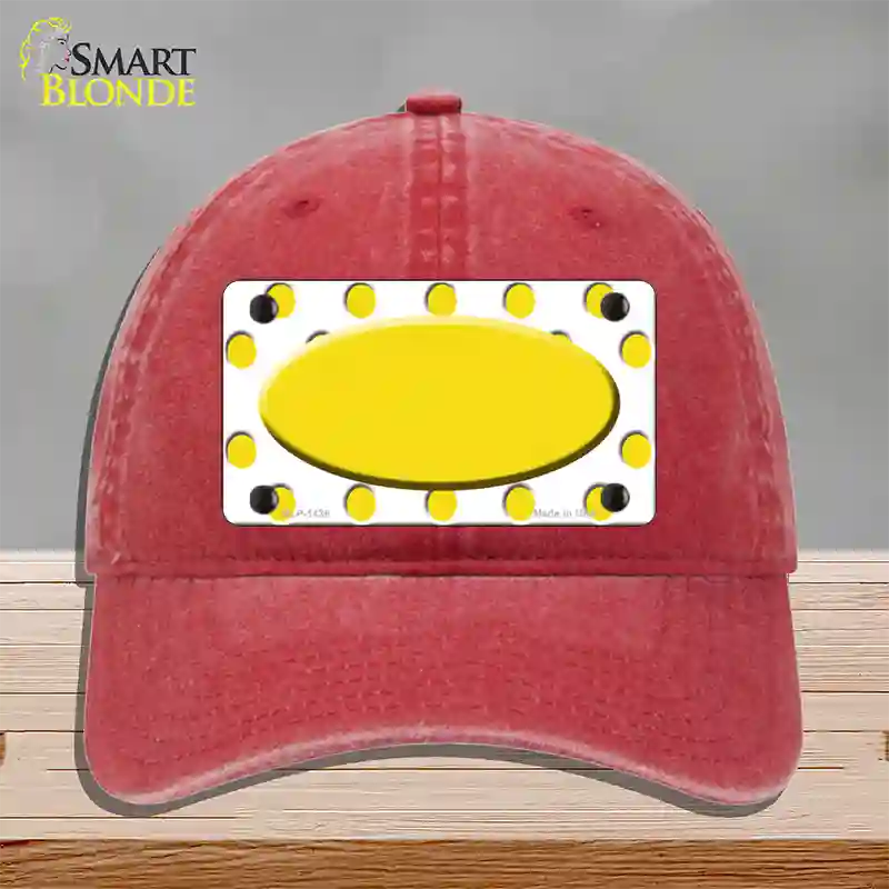 Yellow White Polka Dot Yellow Center Oval Novelty License Plate Hat Unconstructed Cotton / Red