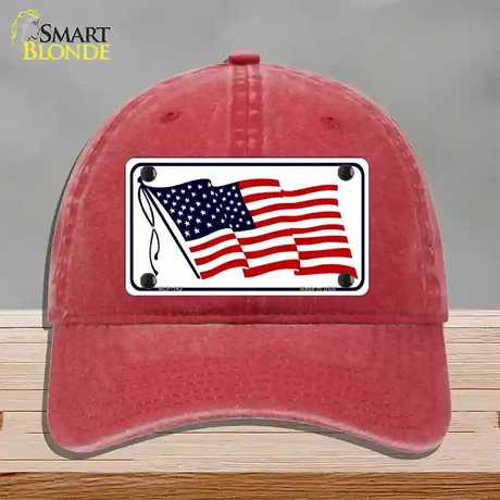 American Flag Waving White Novelty License Plate Hat Unconstructed Cotton / Red