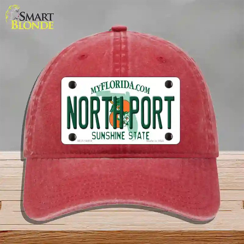 North Port Florida Novelty License Plate Hat Unconstructed Cotton / Red