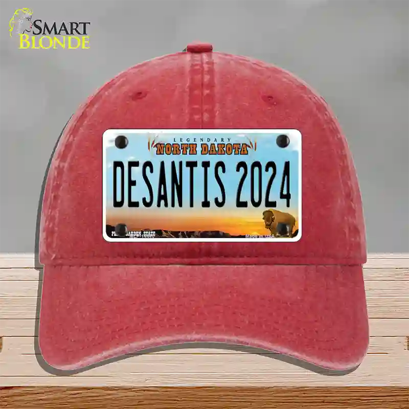 Desantis 2024 North Dakota Novelty License Plate Hat Unconstructed Cotton / Red