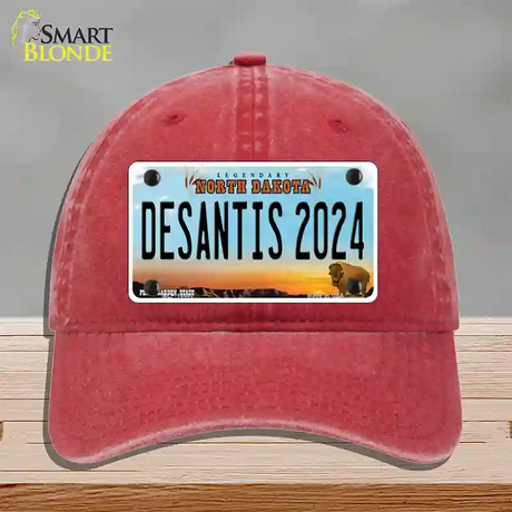 Desantis 2024 North Dakota Novelty License Plate Hat Unconstructed Cotton / Red