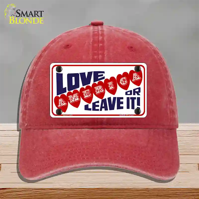 Love America Or Leave It Novelty License Plate Hat Unconstructed Cotton / Red