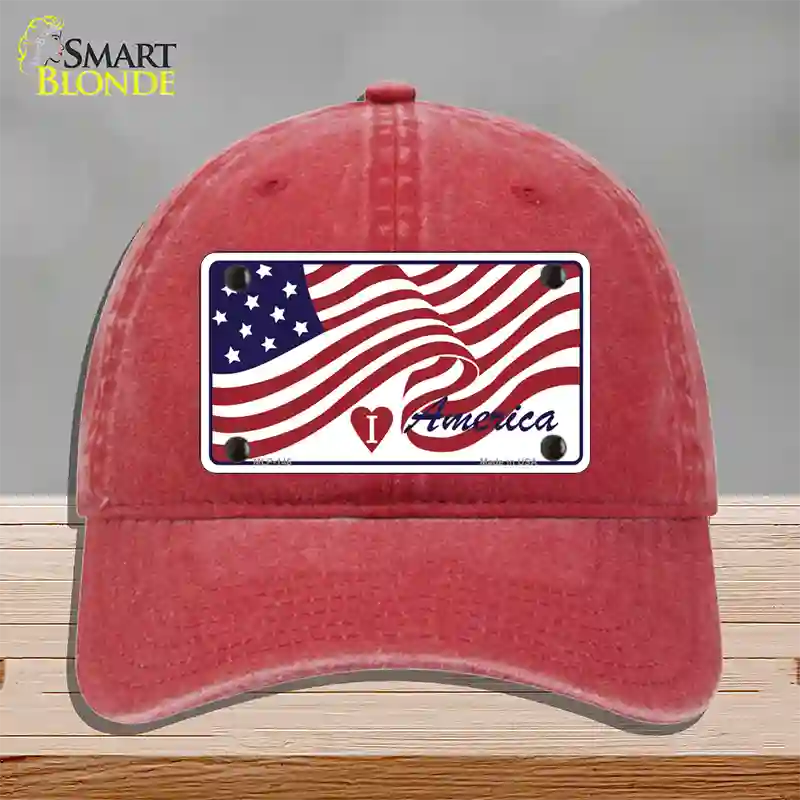 I Love America Flag Novelty License Plate Hat Unconstructed Cotton / Red