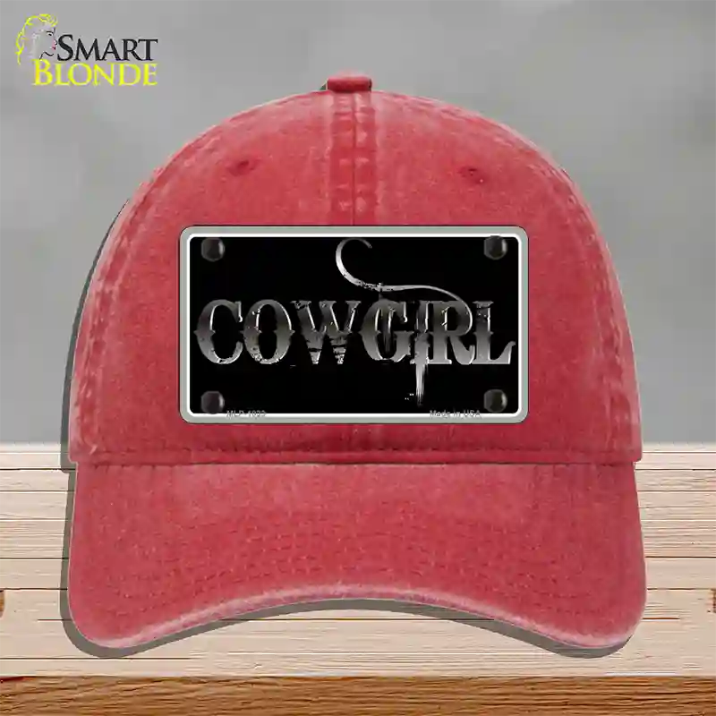 Cowgirl Black Novelty License Plate Hat Unconstructed Cotton / Red