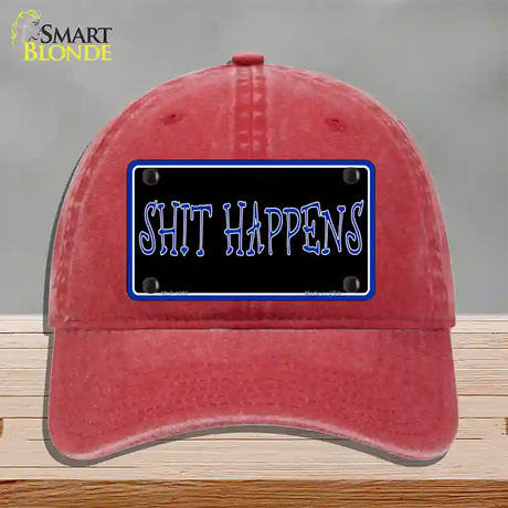 Shit Happens Novelty License Plate Hat Unconstructed Cotton / Red