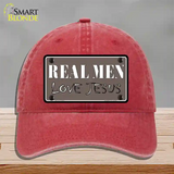 Real Men Love Jesus Novelty License Plate Hat Unconstructed Cotton / Red