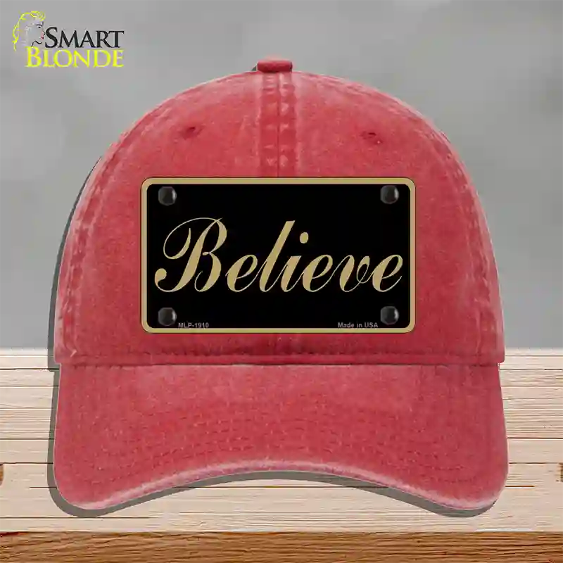 Believe Novelty License Plate Hat Unconstructed Cotton / Red