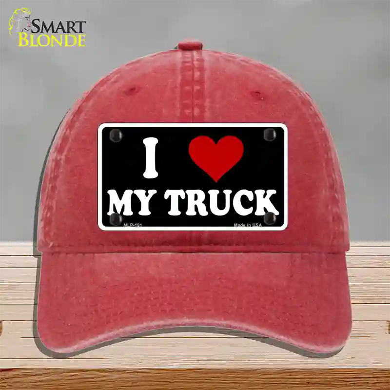 I Love My Truck Black Novelty License Plate Hat Unconstructed Cotton / Red