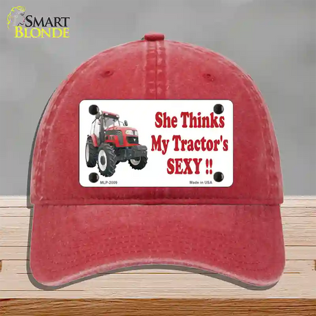 She Thinks My Tractors Sexy Novelty License Plate Hat Unconstructed Cotton / Red