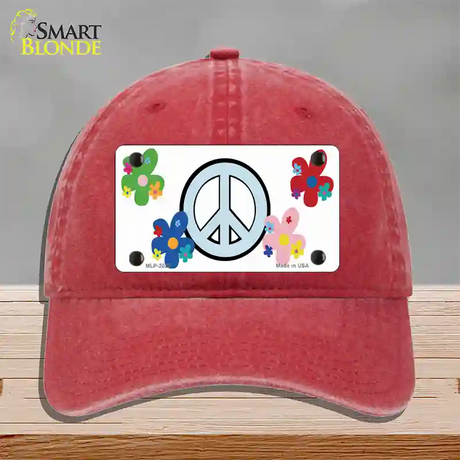 Peace Sign and Flowers Novelty License Plate Hat Unconstructed Cotton / Red