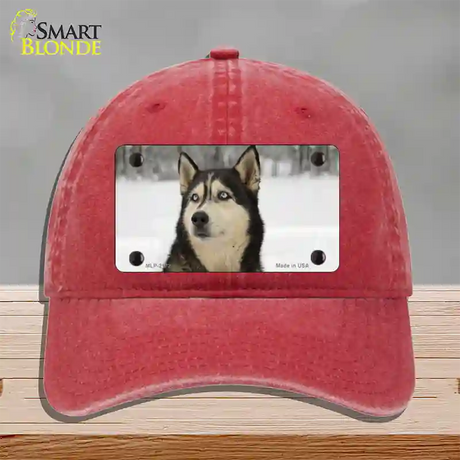 Husky Dog Novelty License Plate Hat Unconstructed Cotton / Red