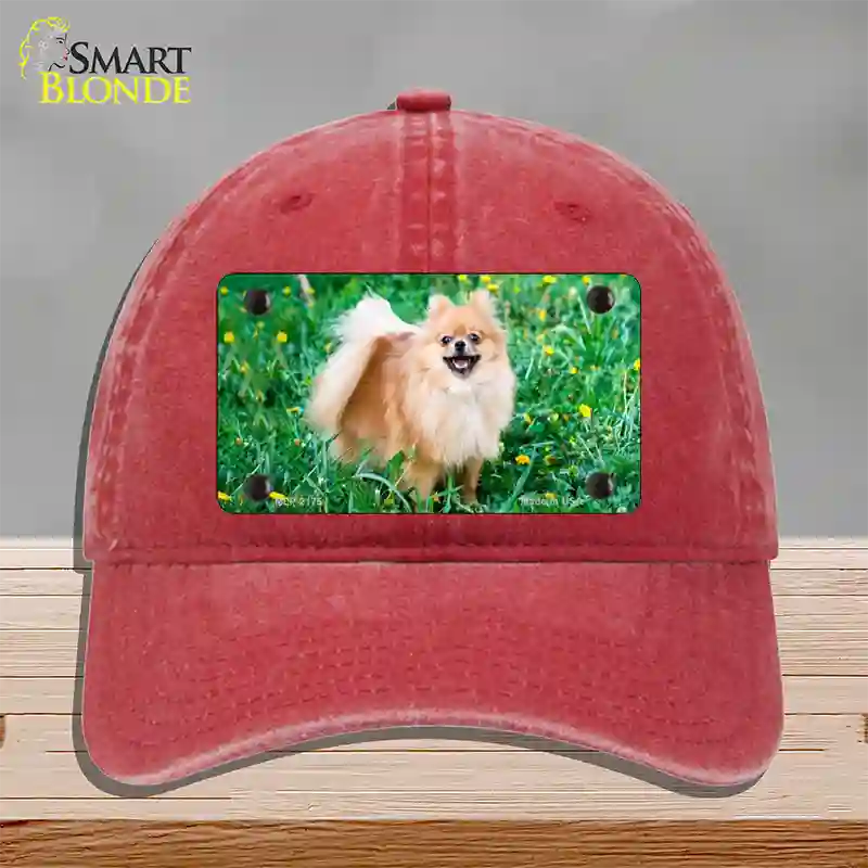 Pomeranian Dog Novelty License Plate Hat Unconstructed Cotton / Red