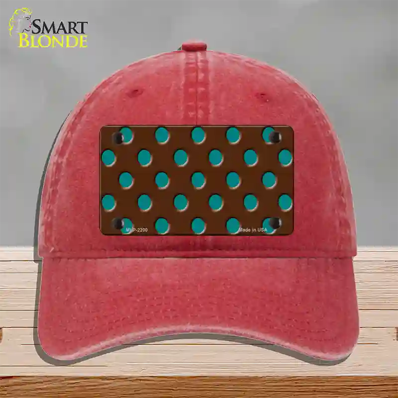 Teal Polka Dots Brown Novelty License Plate Hat Unconstructed Cotton / Red