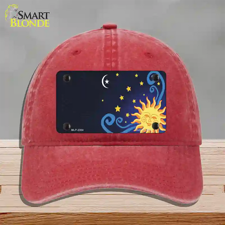 Celestial Sun Offset Novelty License Plate Hat Unconstructed Cotton / Red