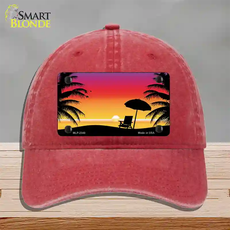 Sunset Beach Novelty License Plate Hat Unconstructed Cotton / Red