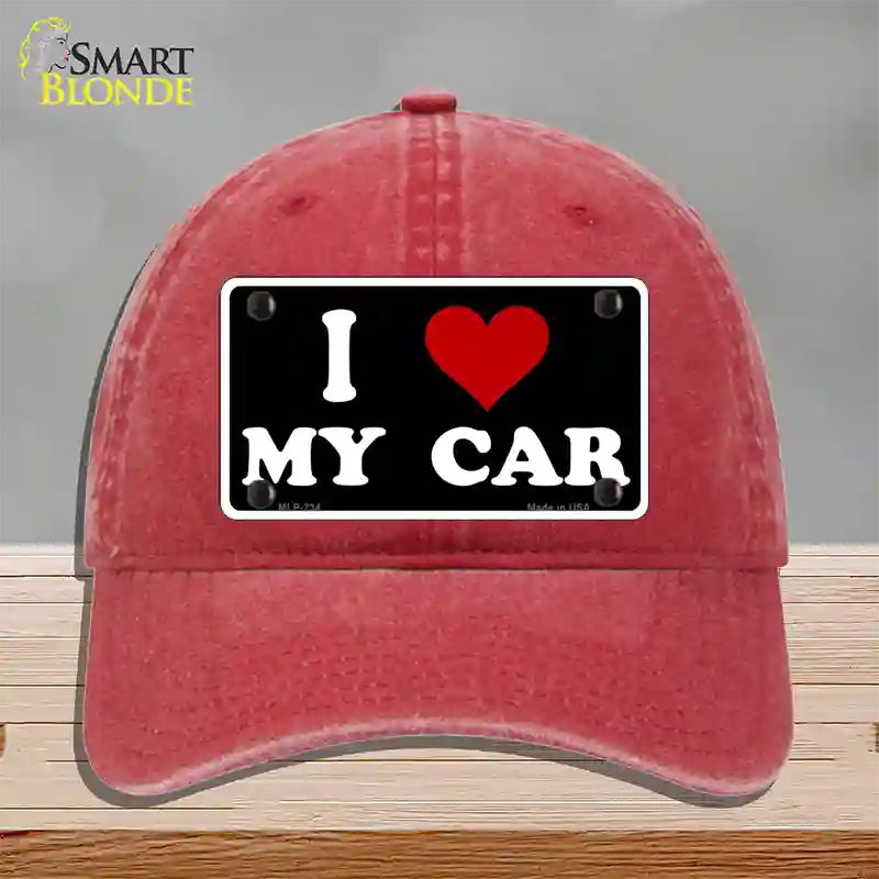 I Love My Car Black Novelty License Plate Hat Unconstructed Cotton / Red