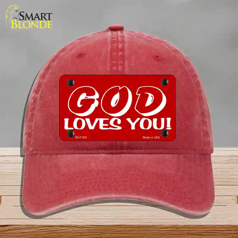 God Loves You Novelty License Plate Hat Unconstructed Cotton / Red