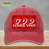 God Loves You Novelty License Plate Hat Unconstructed Cotton / Red