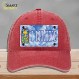 I Believe Novelty License Plate Hat Unconstructed Cotton / Red