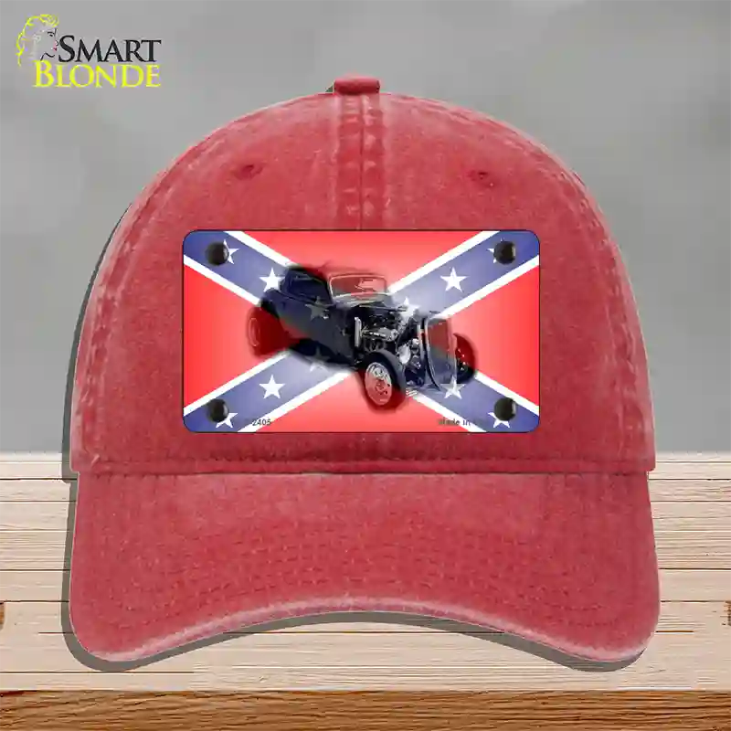 Confederate Flag Hot Rod Novelty License Plate Hat Unconstructed Cotton / Red