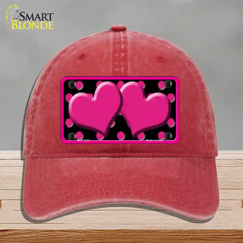 Hot Pink Black Polka Dot Hot Pink Center Hearts Novelty License Plate Hat Unconstructed Cotton / Red