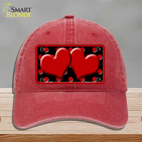 Red Black Polka Dot Red Center Hearts Novelty License Plate Hat Unconstructed Cotton / Red