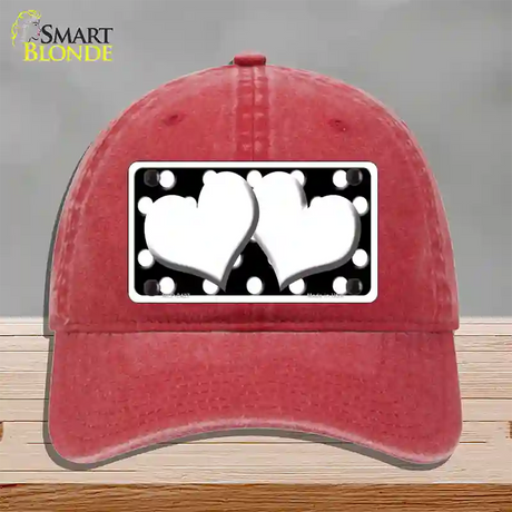 White Black Polka Dot Black Center Hearts Novelty License Plate Hat Unconstructed Cotton / Red