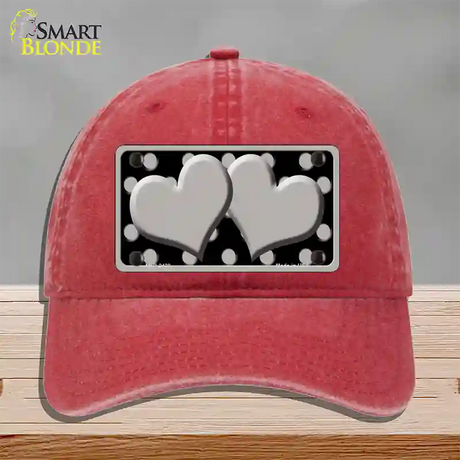 Grey Black Polka Dot Grey Center Hearts Novelty License Plate Hat Unconstructed Cotton / Red