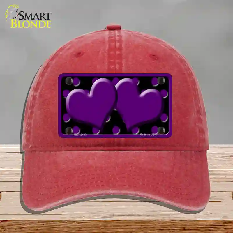 Purple Black Polka Dot Purple Center Hearts Novelty License Plate Hat Unconstructed Cotton / Red