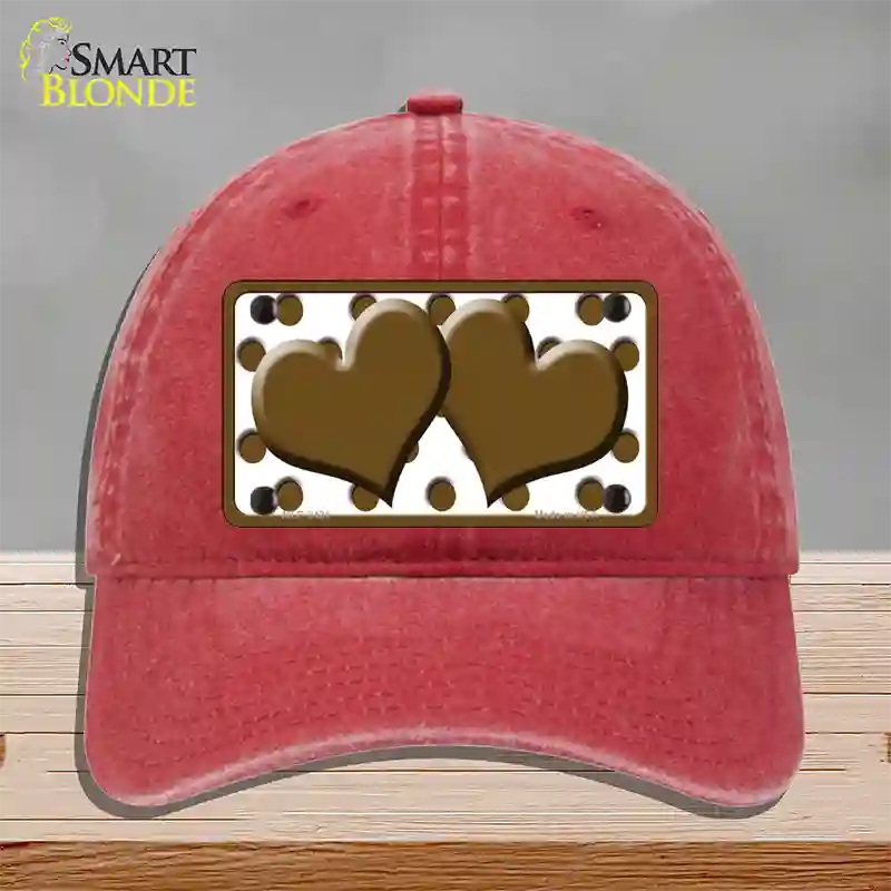 Brown White Polka Dot Brown Centered Hearts Novelty License Plate Hat Unconstructed Cotton / Red