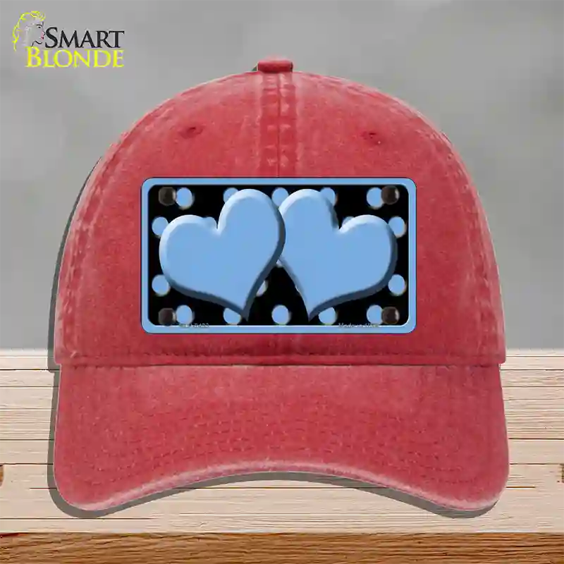 Light Blue Black Polka Dot Light Blue Centered Hearts Novelty License Plate Hat Unconstructed Cotton / Red