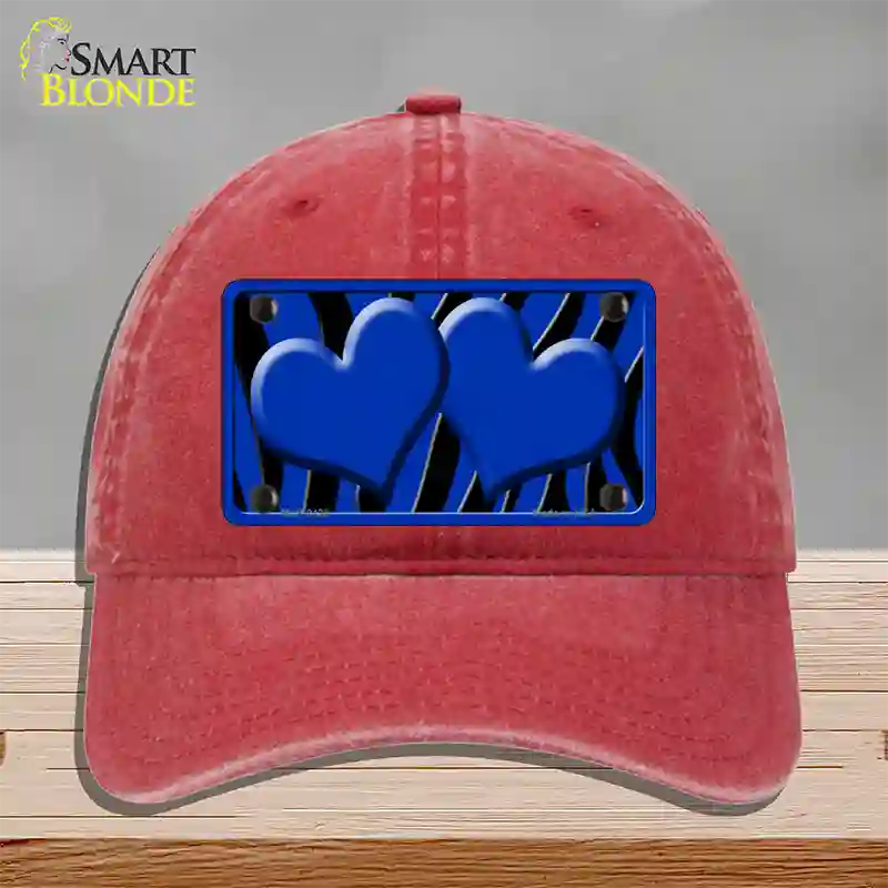 Blue Black Zebra Blue Centered Hearts Novelty License Plate Hat Unconstructed Cotton / Red