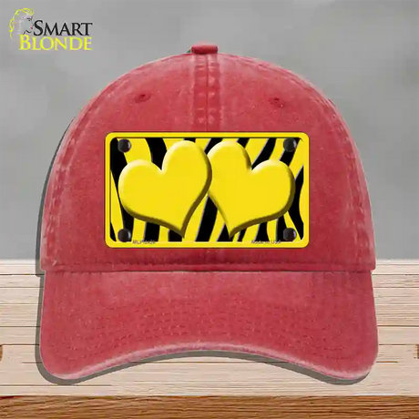 Yellow Black Zebra Yellow Centered Hearts Novelty License Plate Hat Unconstructed Cotton / Red