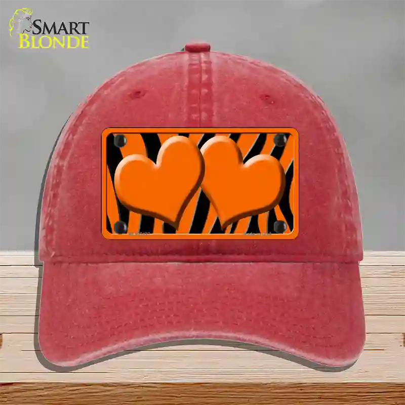 Orange Black Zebra Orange Centered Hearts Novelty License Plate Hat Unconstructed Cotton / Red