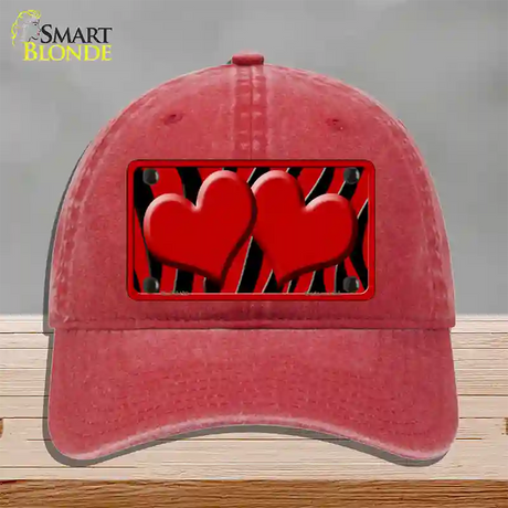 Red Black Zebra Red Centered Hearts Novelty License Plate Hat Unconstructed Cotton / Red