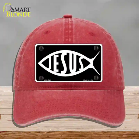 Jesus Fish Novelty License Plate Hat Unconstructed Cotton / Red