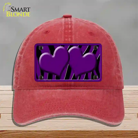 Purple Black Zebra Purple Centered Hearts Novelty License Plate Hat Unconstructed Cotton / Red