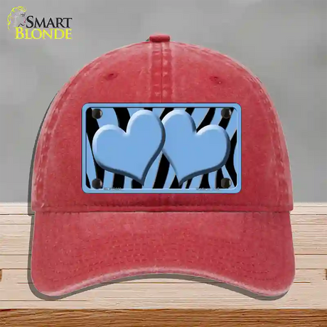 Light Blue Black Zebra Light Blue Centered Hearts Novelty License Plate Hat Unconstructed Cotton / Red