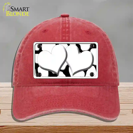 White Black Giraffe White Centered Hearts Novelty License Plate Hat Unconstructed Cotton / Red