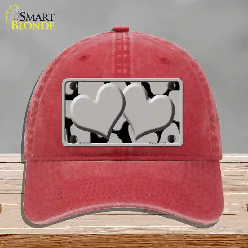 Grey Black Giraffe Grey Centered Hearts Novelty License Plate Hat Unconstructed Cotton / Red