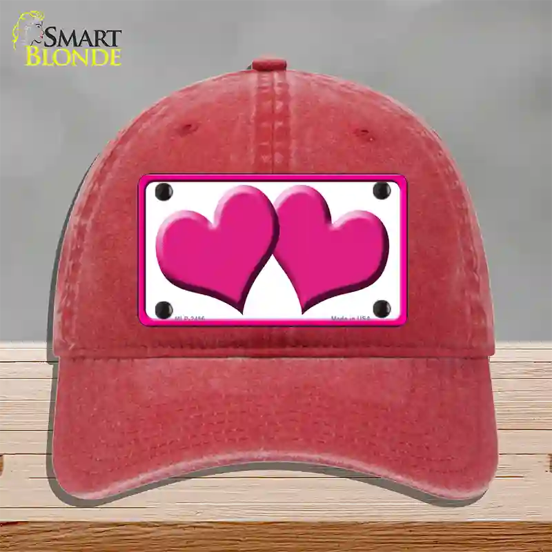 Solid Pink Centered Hearts White Novelty License Plate Hat Unconstructed Cotton / Red