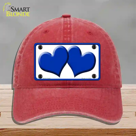 Solid Blue Centered Hearts White Novelty License Plate Hat Unconstructed Cotton / Red