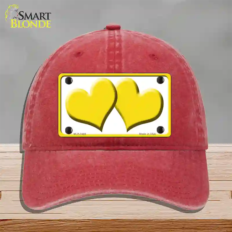 Solid Yellow Centered Hearts White Novelty License Plate Hat Unconstructed Cotton / Red