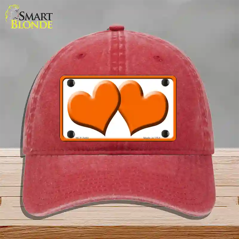 Solid Orange Centered Hearts White Novelty License Plate Hat Unconstructed Cotton / Red