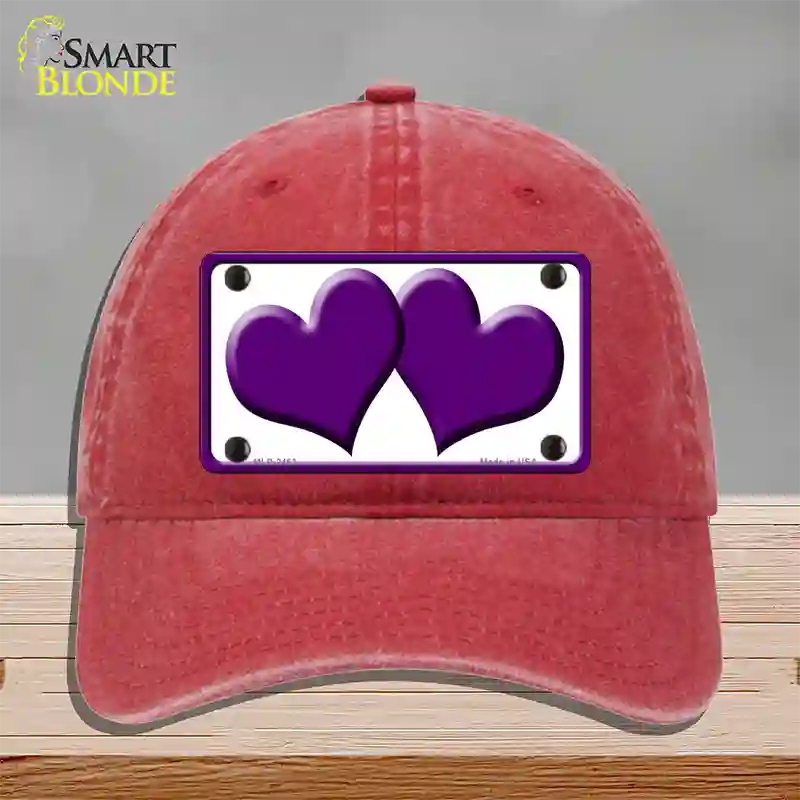 Solid Purple Centered Hearts White Novelty License Plate Hat Unconstructed Cotton / Red