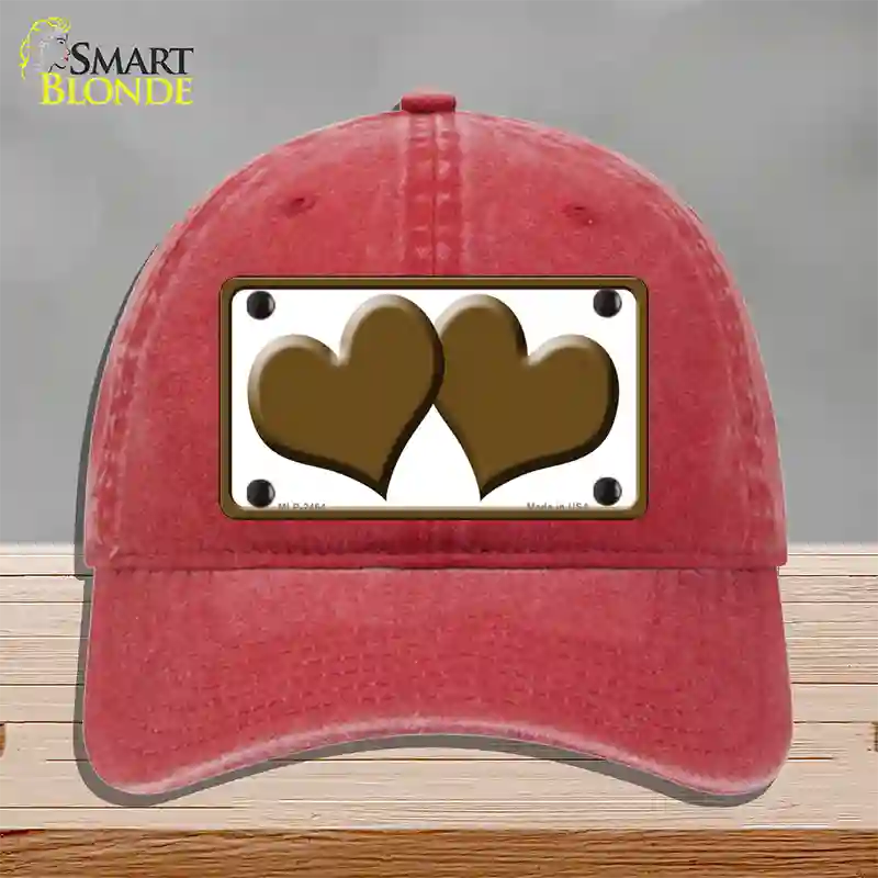 Solid Brown Centered Hearts White Novelty License Plate Hat Unconstructed Cotton / Red