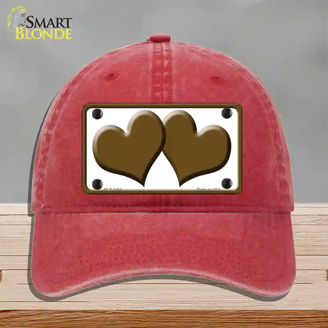 Solid Brown Centered Hearts White Novelty License Plate Hat Unconstructed Cotton / Red