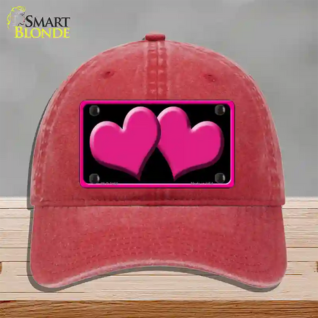 Solid Pink Centered Hearts Black Novelty License Plate Hat Unconstructed Cotton / Red